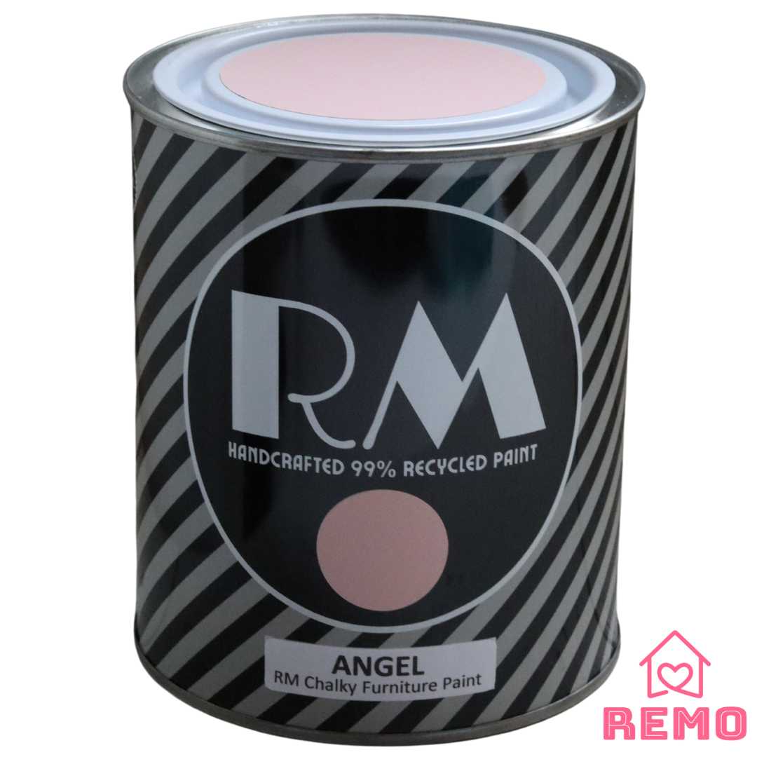 An image of a Striped RM Chalky Furniture Paint Tin with painted swatches on the front and on the top of tin in the colour Angel.