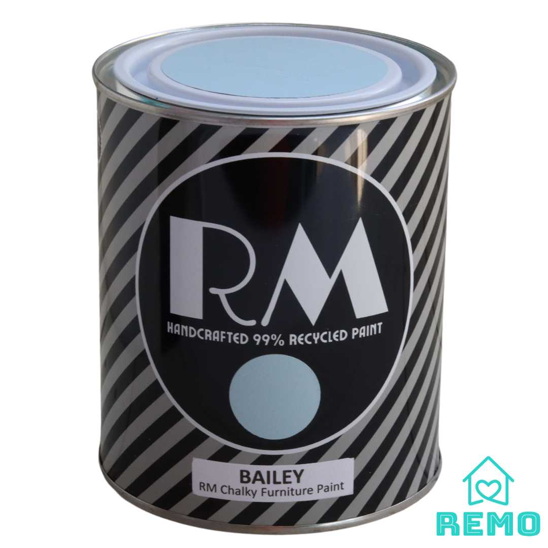 An image of a Striped RM Chalky Furniture Paint Tin with painted swatches on the front and on the top of tin in the colour BAILEY which is our lightest blue.