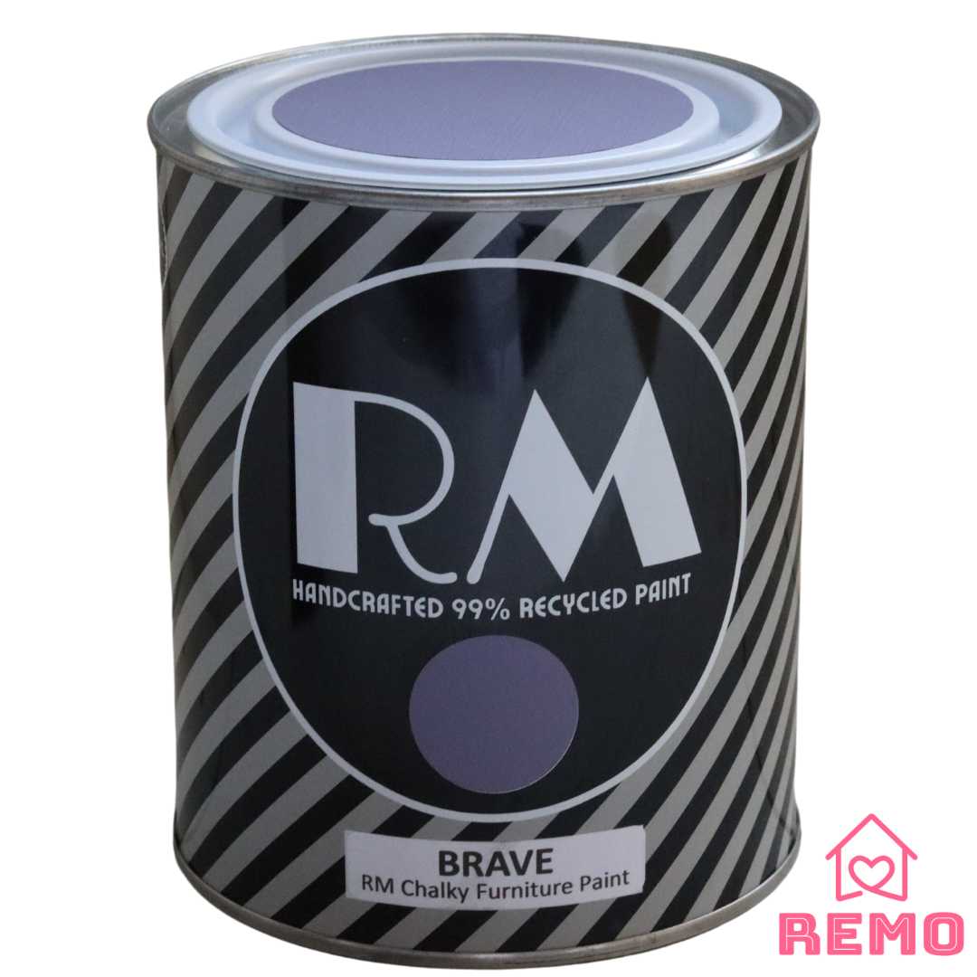 An image of a Striped RM Chalky Furniture Paint Tin with painted swatches on the front and on the top of tin in the colour BRAVE this purple has more of a blue hue.