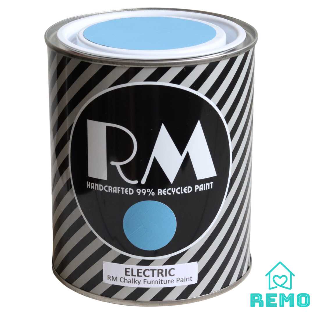 Front angle view of a black white and grey striped tin with round circle paint swatches in the colour Electric is a strong and vibrant colour.