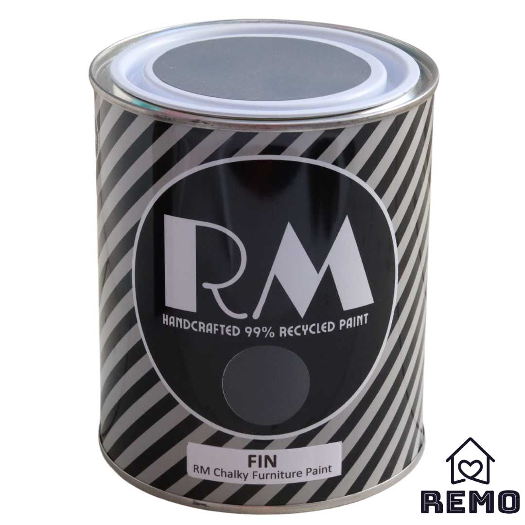 An image of a Striped RM Chalky Furniture Paint Tin with painted swatches on the front and on the top of tin in the colour FIN which is a dark grey with a blue hue.