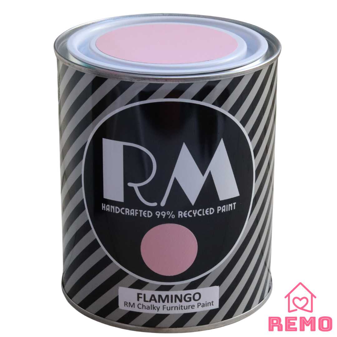 An image of a Striped RM Chalky Furniture Paint Tin with painted swatches on the front and on the top of tin in the colour FLAMINGO which is a light pink but not the lightest.