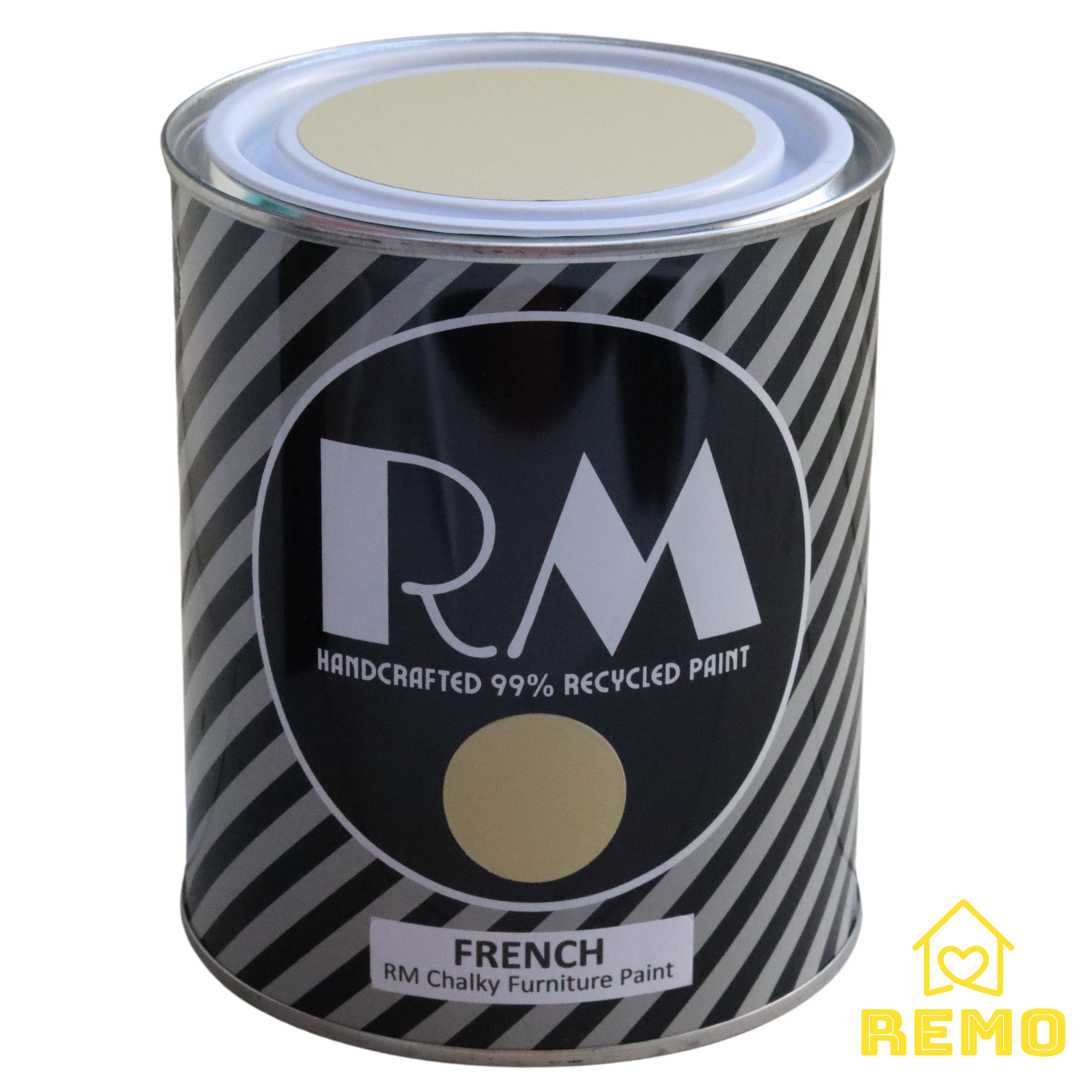 An image of a Striped RM Chalky Furniture Paint Tin with painted swatches on the front and on the top of tin in the colour FRENCH which is yellow with a slight brown hue.