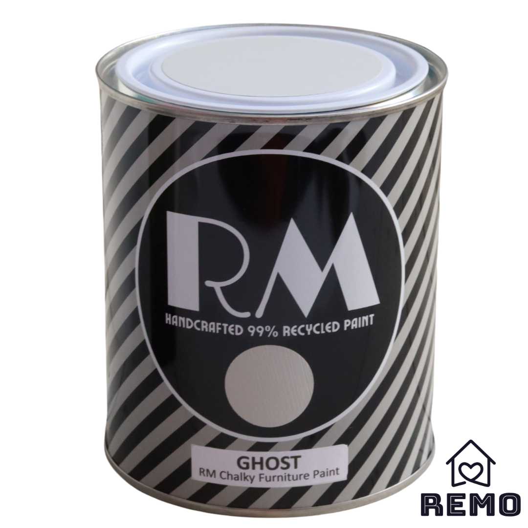 An image of a Striped RM Chalky Furniture Paint Tin with painted swatches on the front and on the top of tin in the colour GHOST which is our lightest grey Furniture paint.