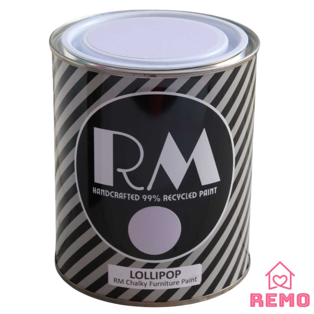 An image of a Striped RM Chalky Furniture Paint Tin with painted swatches on the front and on the top of tin in the colour LOLLIPOP which is a light purple.