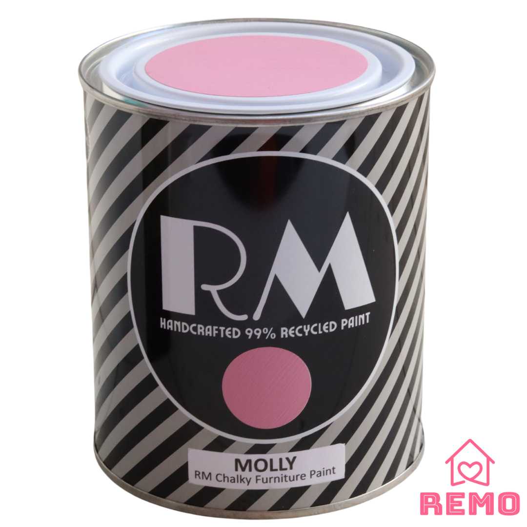 An image of a Striped RM Chalky Furniture Paint Tin with painted swatches on the front and on the top of tin in the colour MOLLY which is a bright pink but not as dark as bold as FUCHIA.