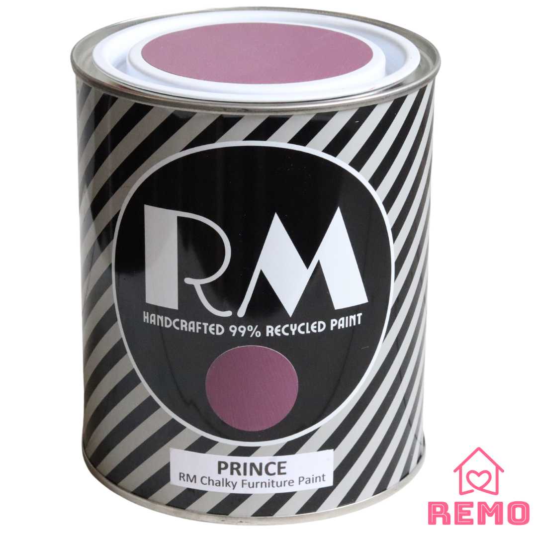 Front angle view of a black white and grey striped tin with round circle paint swatches in the colour PRINCE is a strong and vibrant purple.