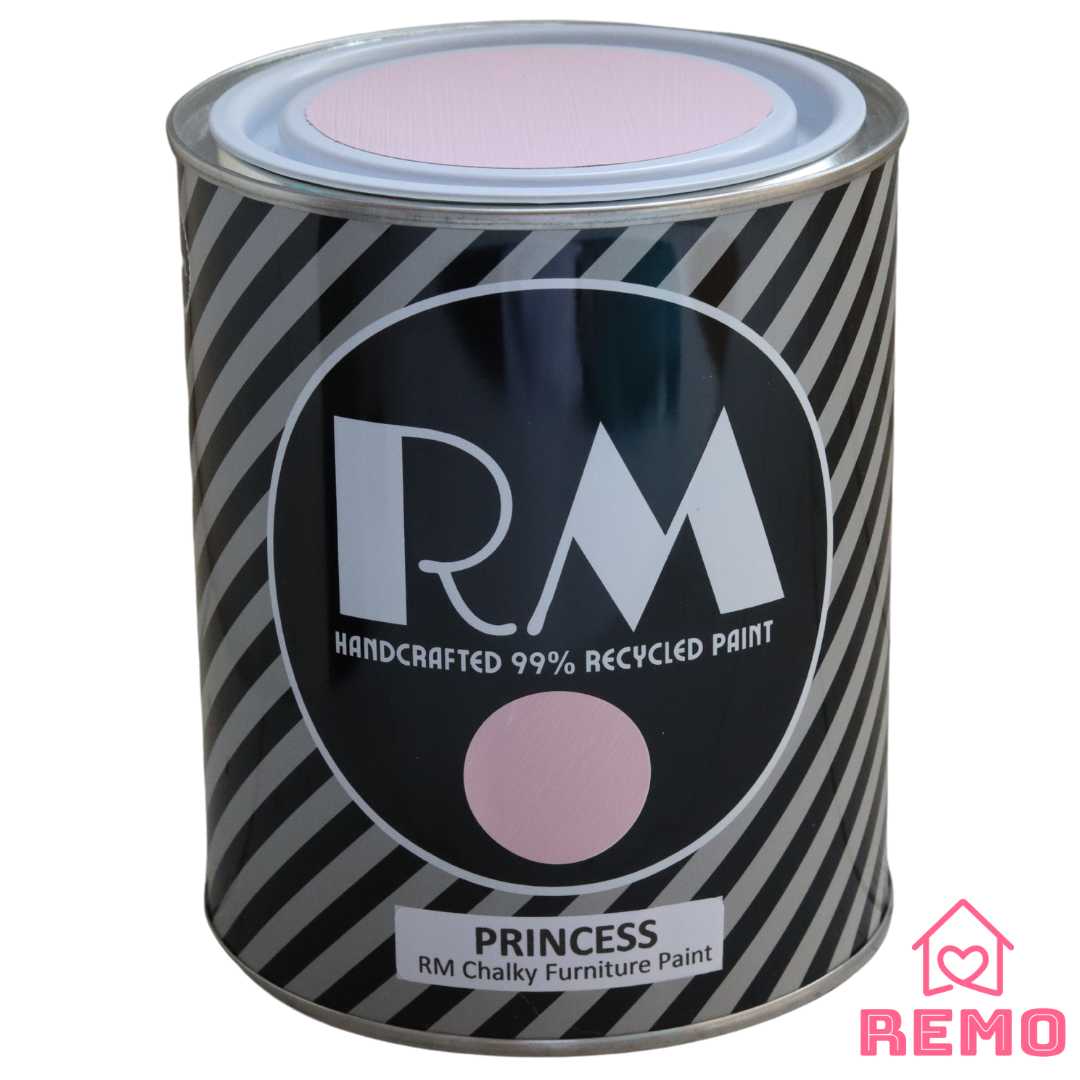 An image of a Striped RM Chalky Furniture Paint Tin with painted swatches on the front and on the top of tin in the colour PRINCESS which is a light pink.