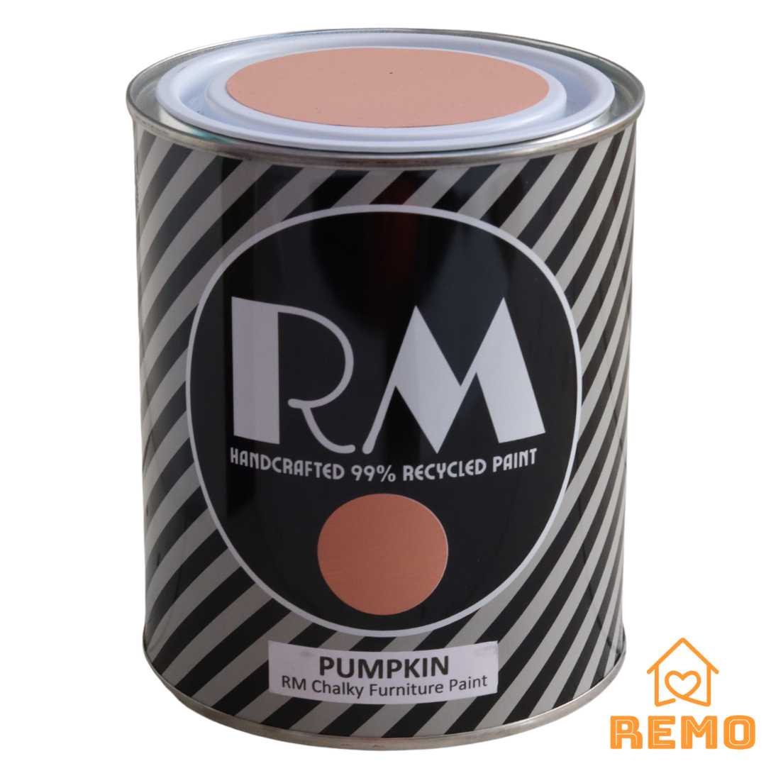 An image of a Striped RM Chalky Furniture Paint Tin with painted swatches on the front and on the top of tin in the colour PUMPKIN this is currently our only orange but it is nice and bright just like a pumpkin.