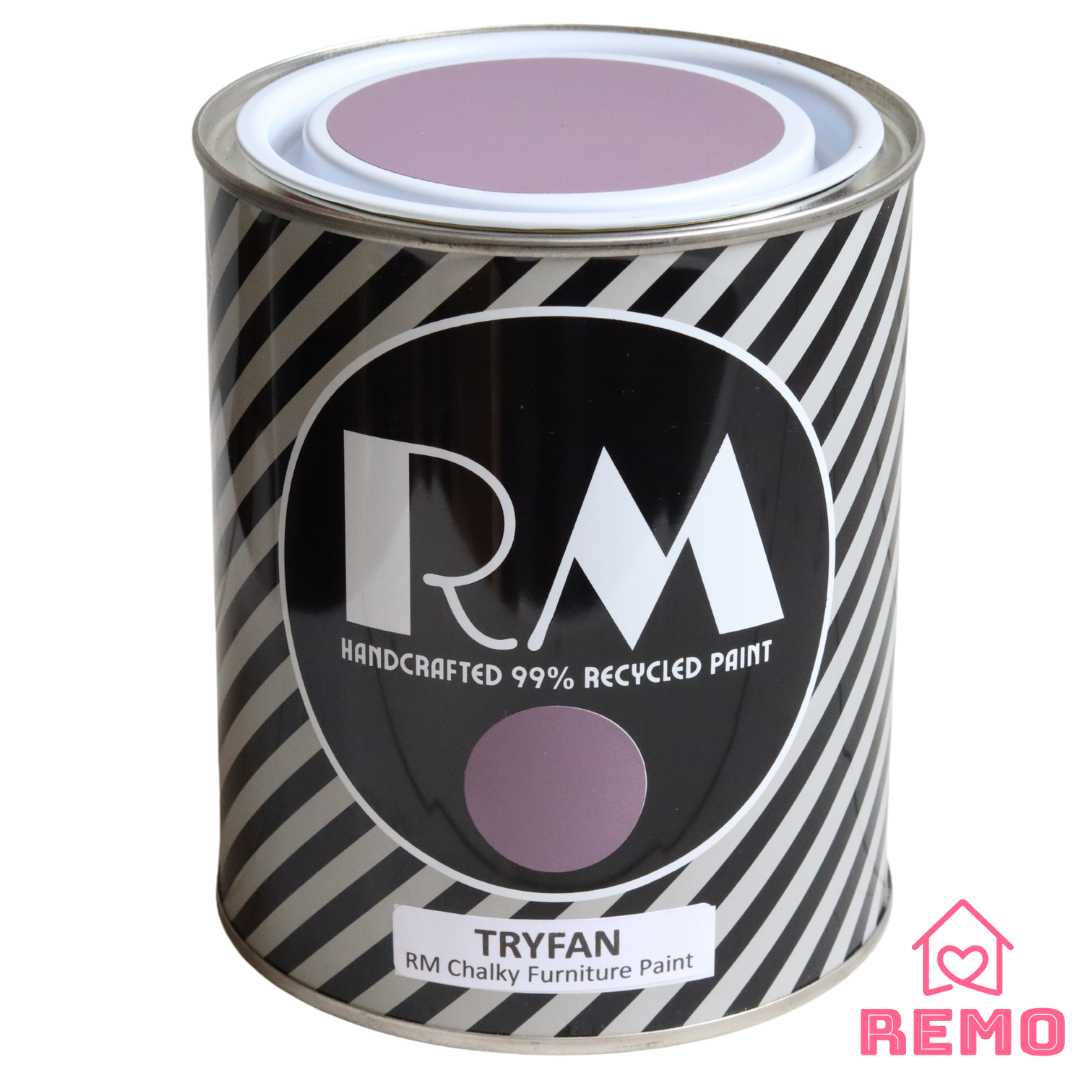 Front angle view of a black white and grey striped tin with round circle paint swatches in the colour Tryfan is a musky purple.