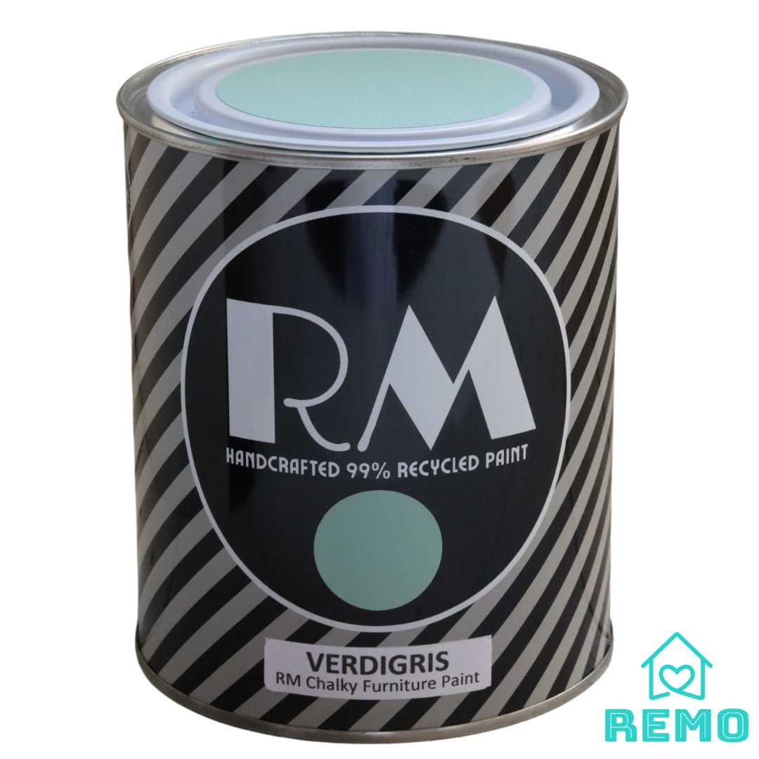 An image of a Striped RM Chalky Furniture Paint Tin with painted swatches on the front and on the top of tin in the colour VERDIGRIS which is a lighter green.