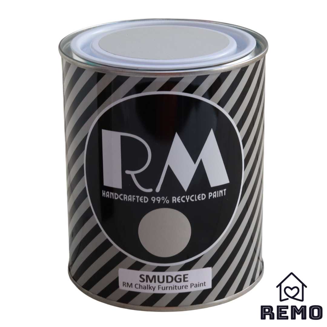 An image of a Striped RM Chalky Furniture Paint Tin with painted swatches on the front and on the top of tin in the colour Smudge is a light grey with a brown hue.