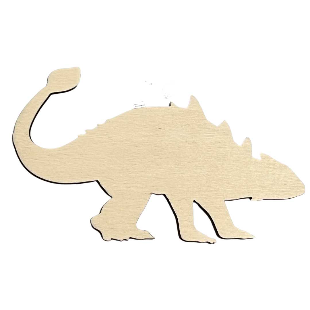 This is an image of a ANKYLOSAURUS stencil that's made out of wood.