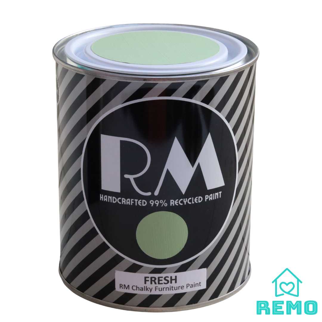 An image of a Striped RM Chalky Furniture Paint Tin with painted swatches on the front and on the top of tin in the colour Fresh which is a vibrant green.