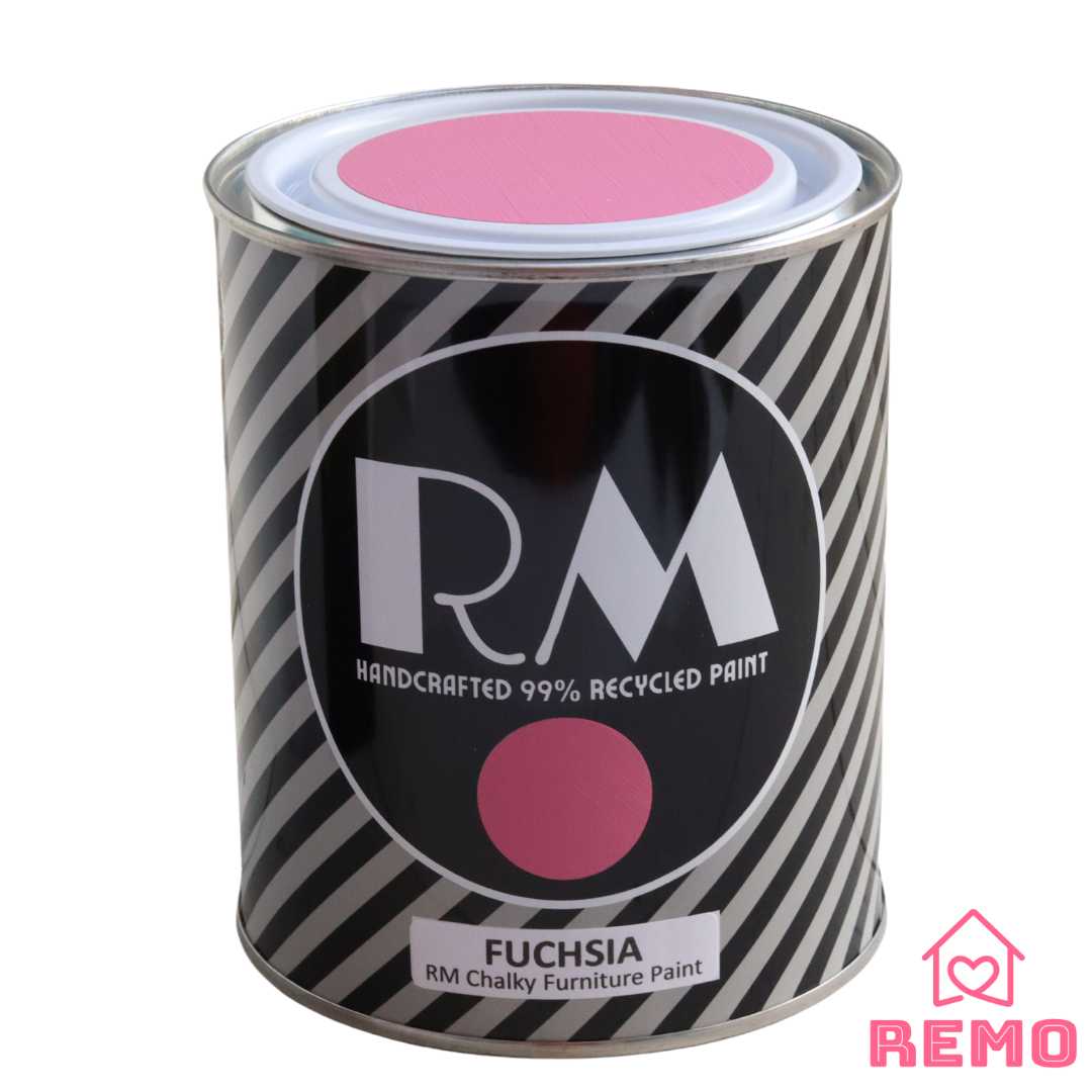 An image of a Striped RM Chalky Furniture Paint Tin with painted swatches on the front and on the top of tin in the colour FUCHSIA which is our vibrant pink.