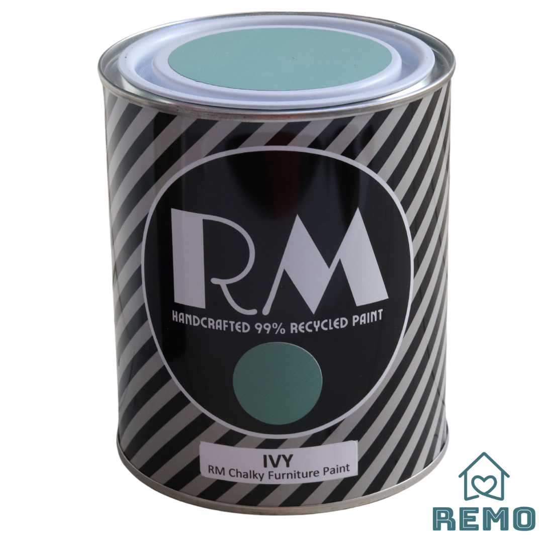 An image of a Striped RM Chalky Furniture Paint Tin with painted swatches on the front and on the top of tin in the colour IVY which is a dark but vibrant green.