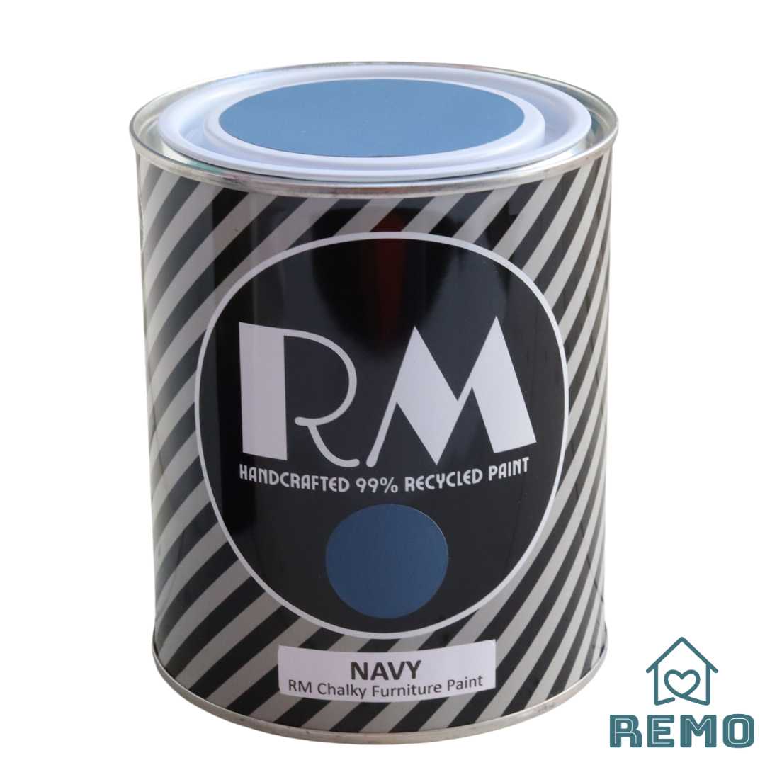 An image of a Striped RM Chalky Furniture Paint Tin with painted swatches on the front and on the top of tin in the colour NAVY which is our darkest blue.
