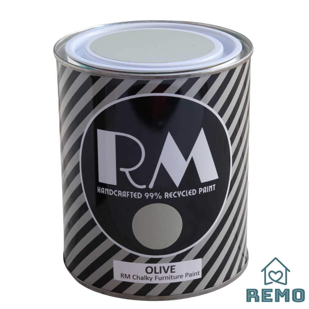 An image of a Striped RM Chalky Furniture Paint Tin with painted swatches on the front and on the top of tin in the colour OLIVE which is a green but has a brown hue which gives it its musky appearance.