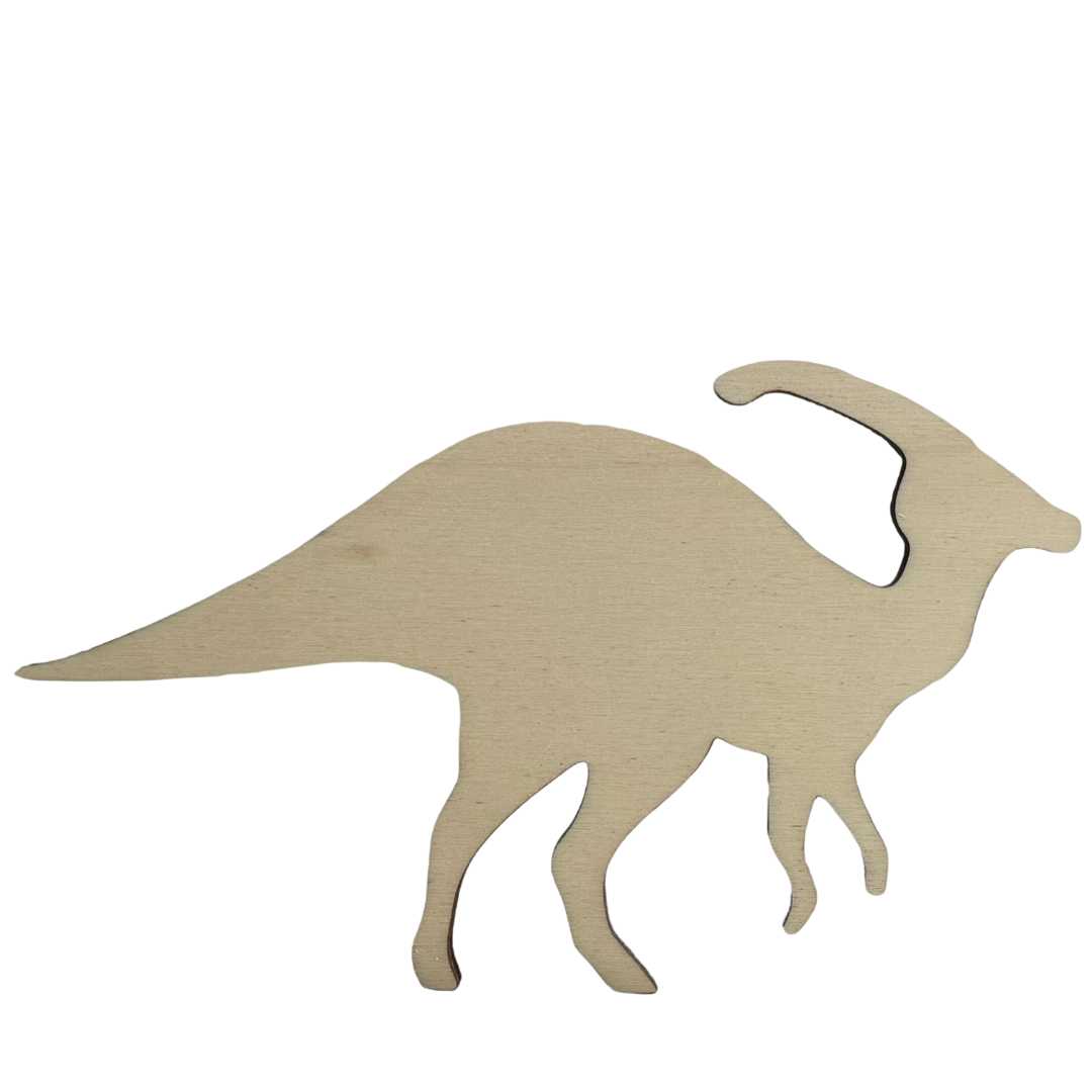 This is an image of a PARASAUROLOPHUS stencil that's made out of wood.