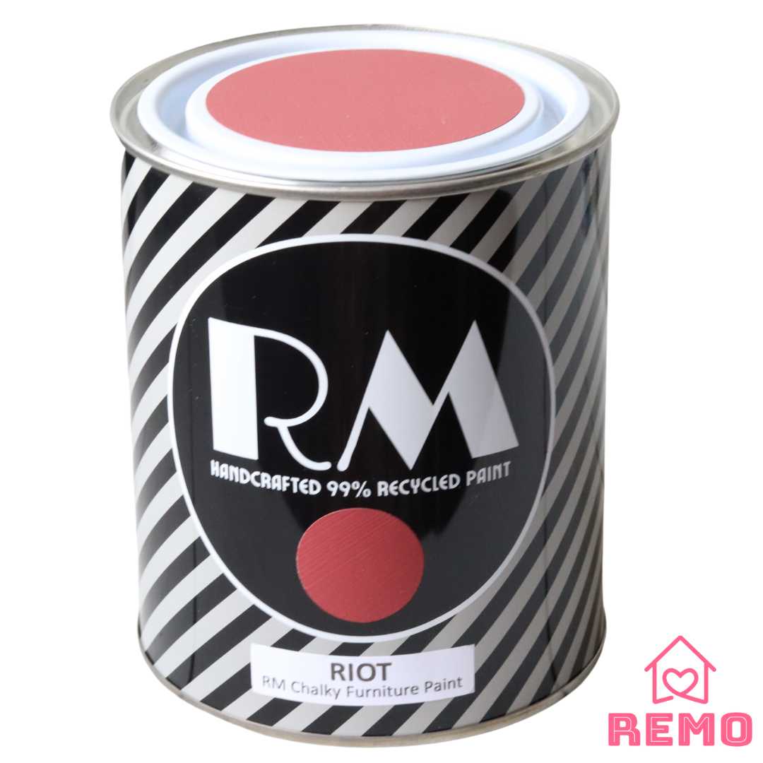 Front angle view of a black white and grey striped tin with round circle paint swatches in the colour RIOT which is our strongest and boldest red in our furniture paint collection.