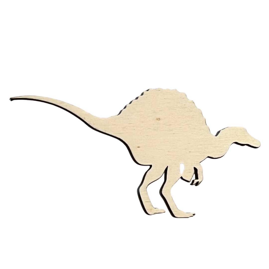 This is an image of a SPINOSAURUS stencil that's made out of wood.