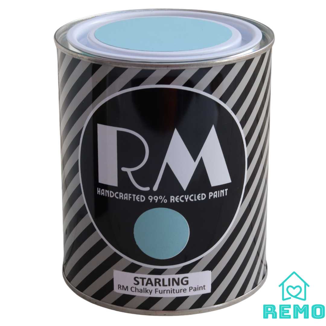 An image of a Striped RM Chalky Furniture Paint Tin with painted swatches on the front and on the top of tin in the colour STARLING which is a blue with a green hue to it.