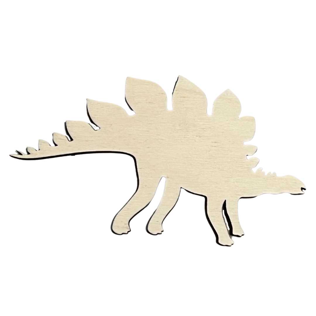 This is an image of a Stegosaurus stencil that's made out of wood.