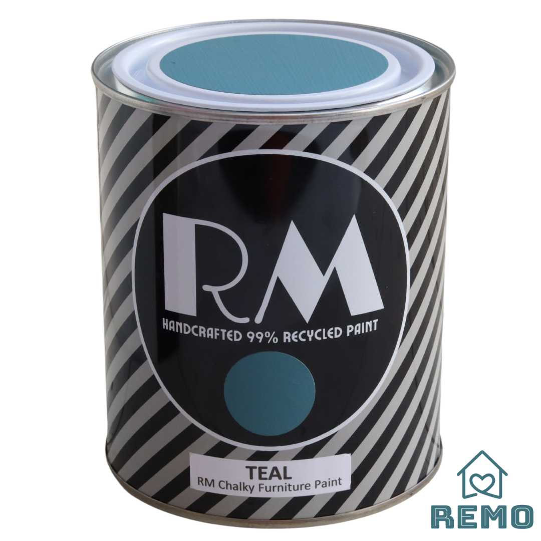 An image of a Striped RM Chalky Furniture Paint Tin with painted swatches on the front and on the top of tin in the colour TEAL which is a green with a blue hue.