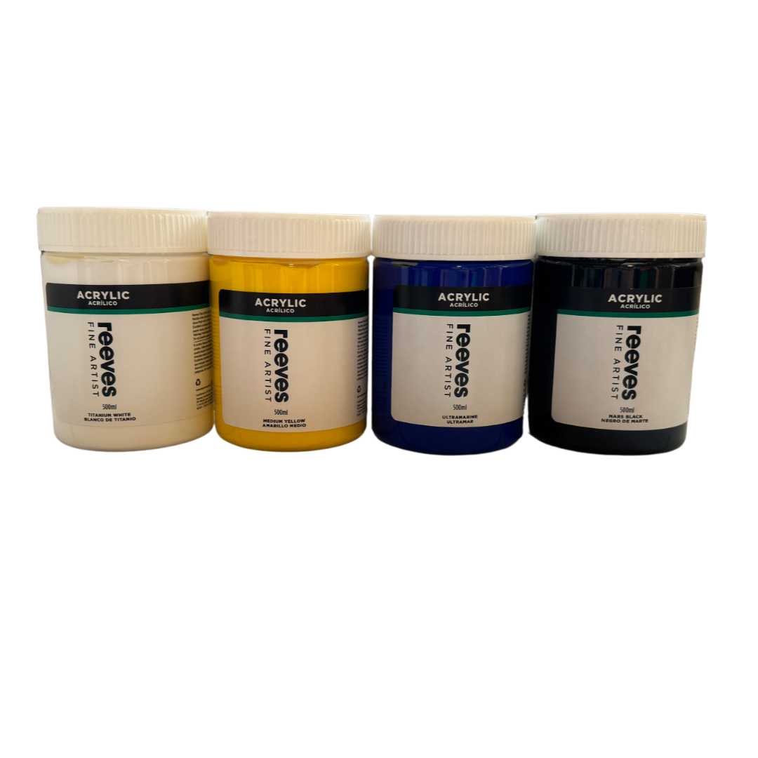 An image of all four acrylic colours in 500ml capacity.