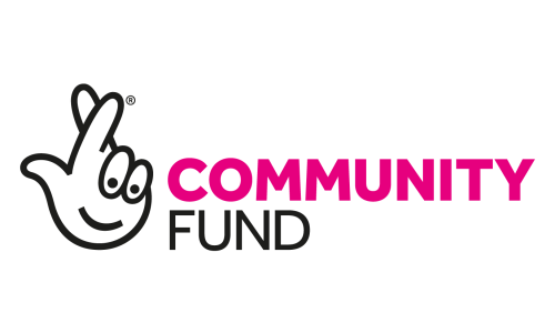 The word community in pink lettering and the word fund in black lettering. A line drawing of a hand with fingers crossed and a smile on the palm which looks like a face.